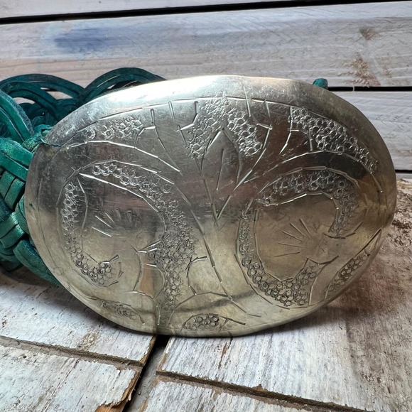 Vintage Teal Green Braided Leather Belt Silver Etched Western Boho Buckle L 40in main image 5